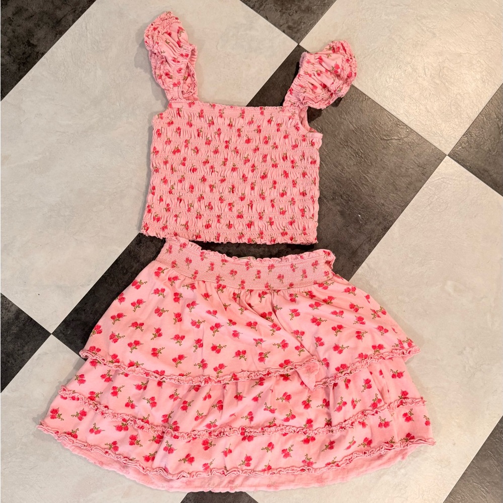 LoveShackFancy Pink Floral Smocked Crop Top & Tiered Skirt Set